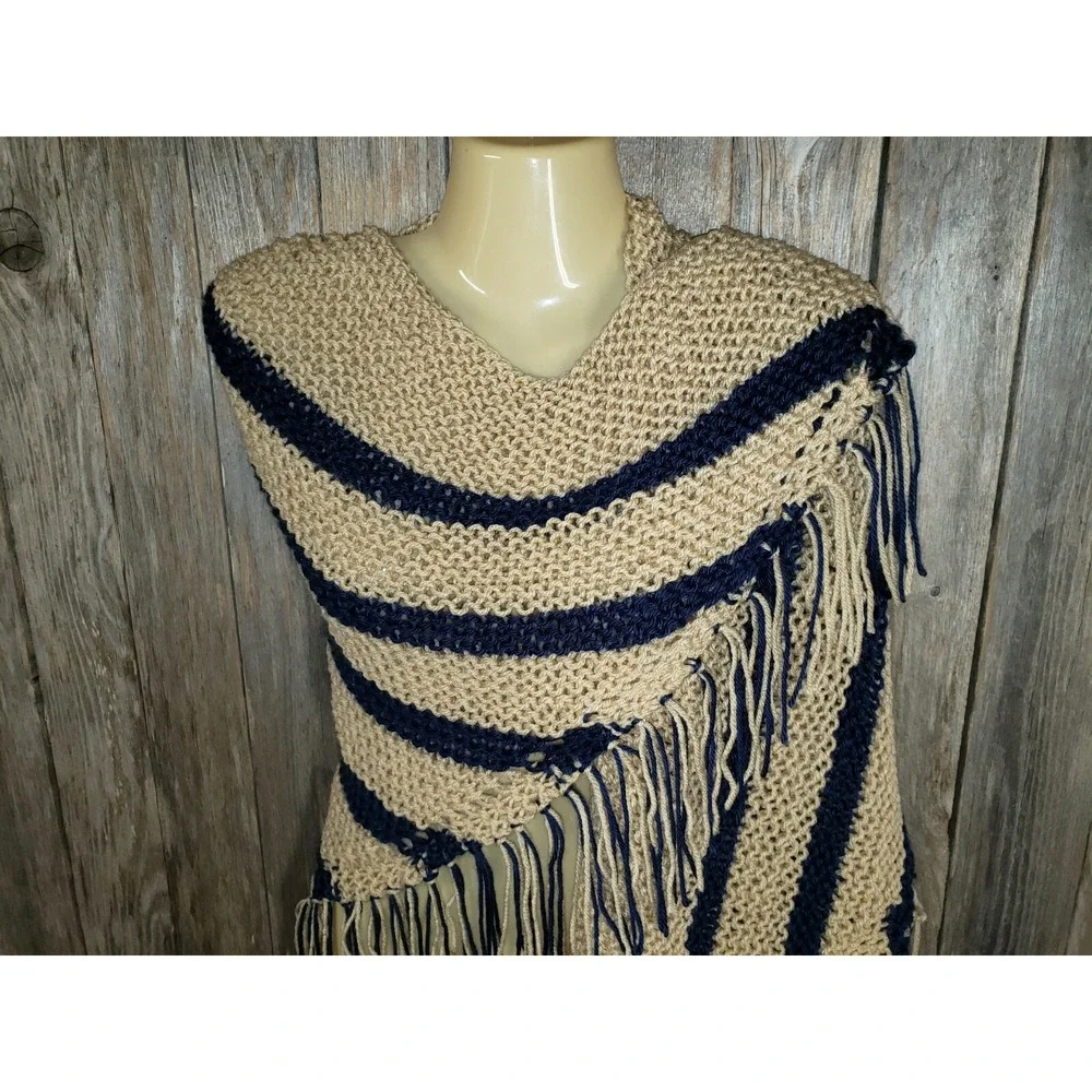 NEW Blue Beige Hand Knitted Shawl Wrap Scarf Boho Hippie‎ Coastal Indie Artsy
